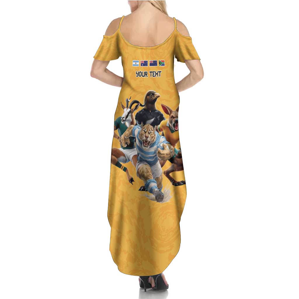 Custom Rugby Southern Hemisphere Family Matching Summer Maxi Dress and Hawaiian Shirt Argentina AUNZ South Africa Mascot Gold - Wonder Print Shop