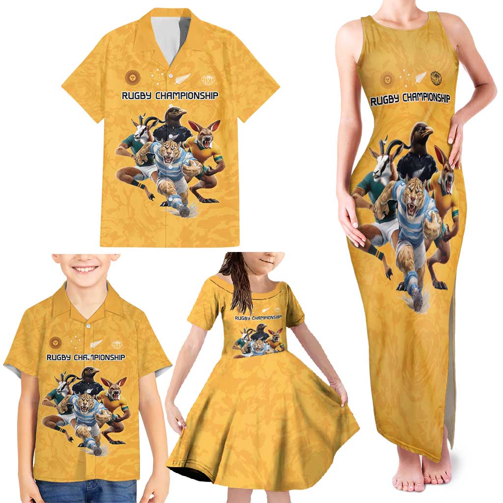 Custom Rugby Southern Hemisphere Family Matching Tank Maxi Dress and Hawaiian Shirt Argentina AUNZ South Africa Mascot Gold - Wonder Print Shop
