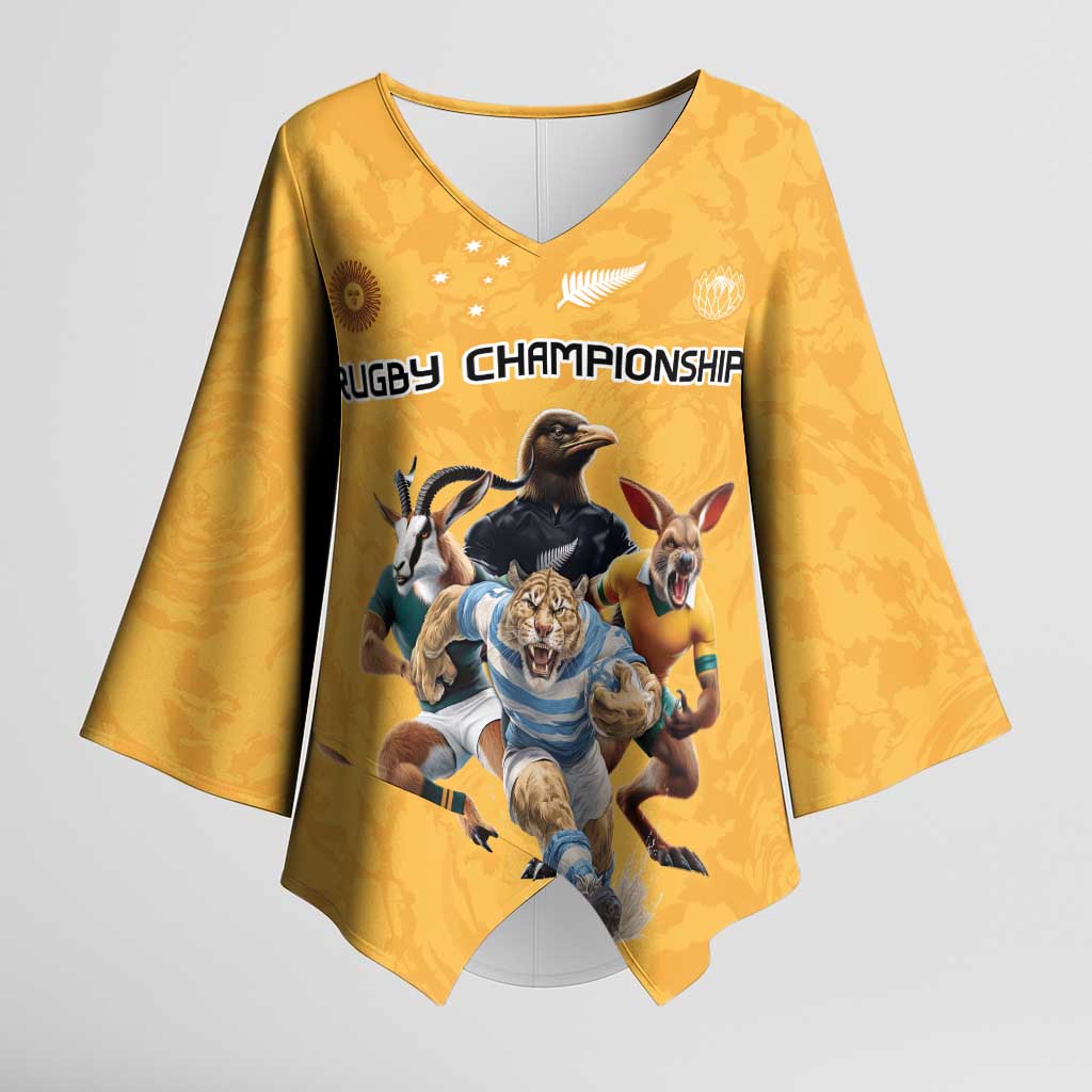 Custom Rugby Southern Hemisphere Kimono Sleeve Blouse Argentina AUNZ South Africa Mascot Gold - Wonder Print Shop