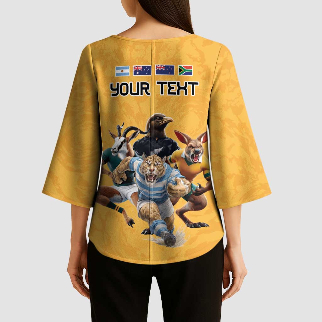 Custom Rugby Southern Hemisphere Kimono Sleeve Blouse Argentina AUNZ South Africa Mascot Gold - Wonder Print Shop