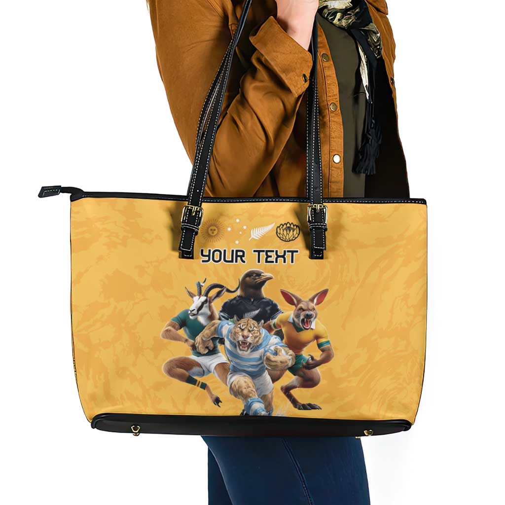 Custom Rugby Southern Hemisphere Leather Tote Bag Argentina AUNZ South Africa Mascot Gold - Wonder Print Shop