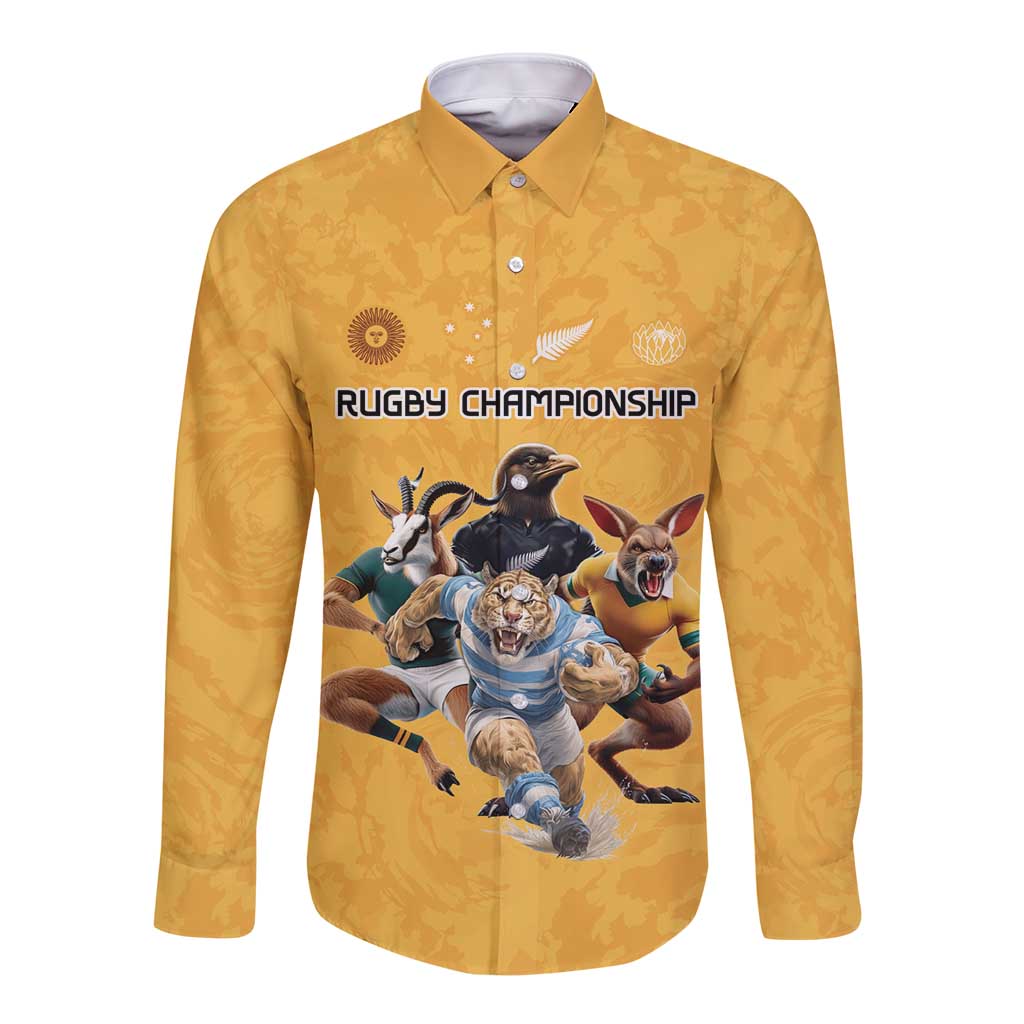 Custom Rugby Southern Hemisphere Long Sleeve Button Shirt Argentina AUNZ South Africa Mascot Gold - Wonder Print Shop