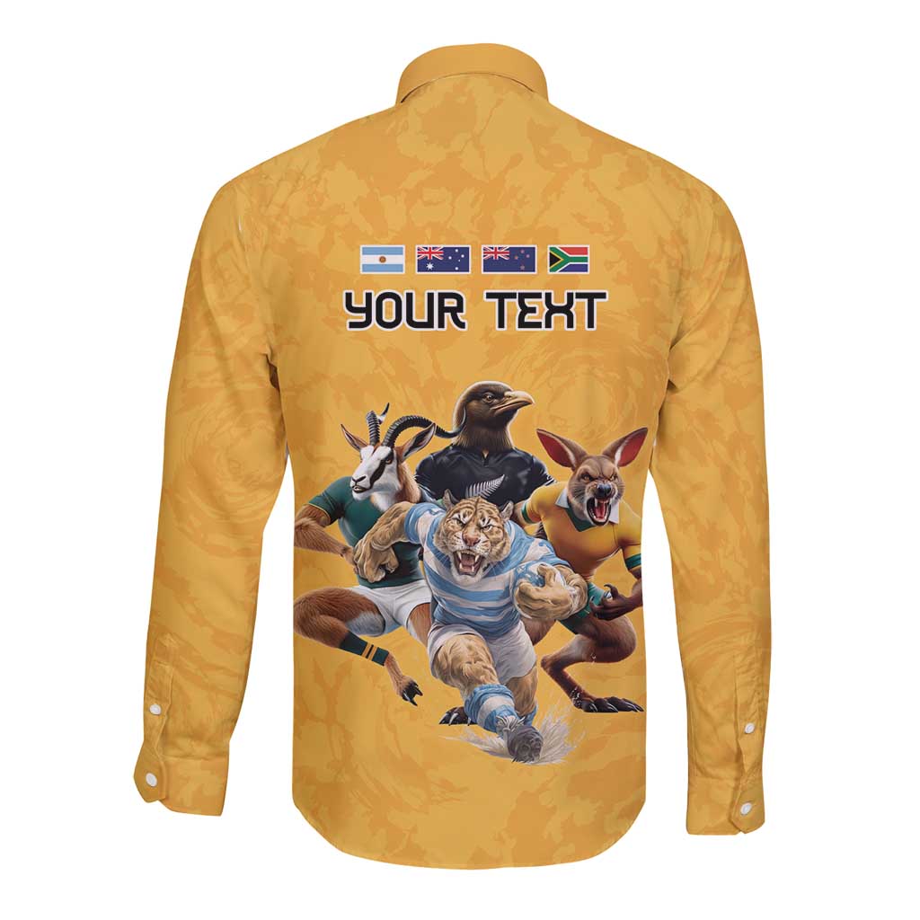 Custom Rugby Southern Hemisphere Long Sleeve Button Shirt Argentina AUNZ South Africa Mascot Gold - Wonder Print Shop