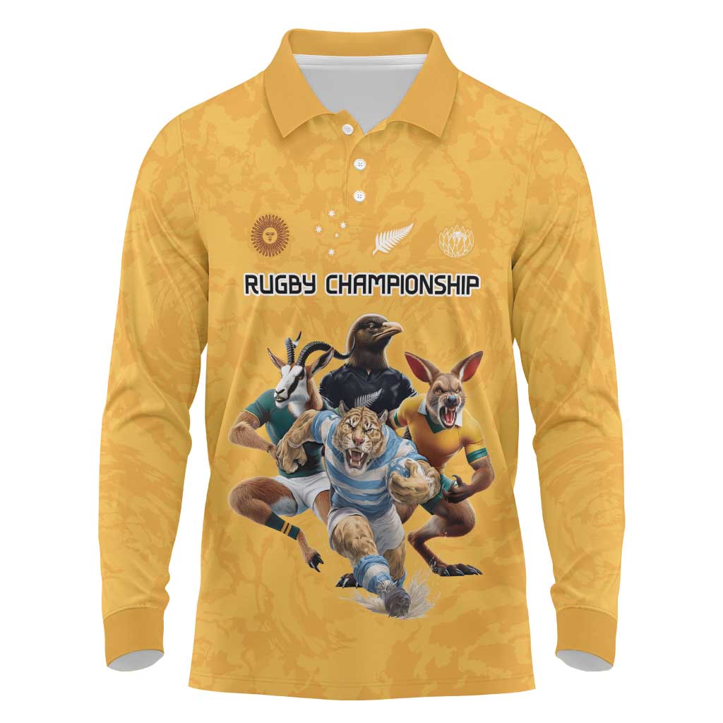 Custom Rugby Southern Hemisphere Long Sleeve Polo Shirt Argentina AUNZ South Africa Mascot Gold - Wonder Print Shop