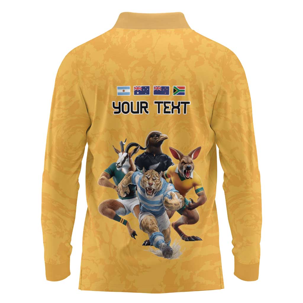 Custom Rugby Southern Hemisphere Long Sleeve Polo Shirt Argentina AUNZ South Africa Mascot Gold - Wonder Print Shop