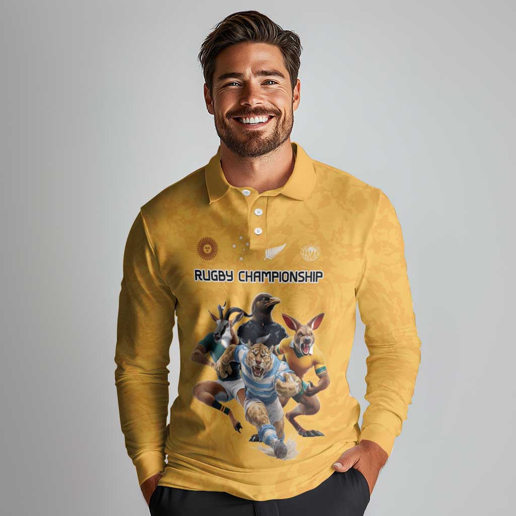 Custom Rugby Southern Hemisphere Long Sleeve Polo Shirt Argentina AUNZ South Africa Mascot Gold - Wonder Print Shop