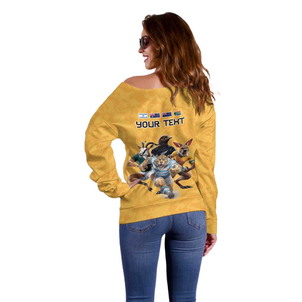 Custom Rugby Southern Hemisphere Off Shoulder Sweater Argentina AUNZ South Africa Mascot Gold - Wonder Print Shop