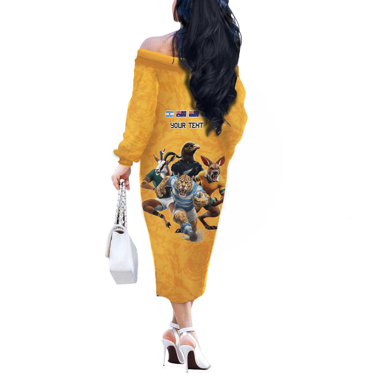 Custom Rugby Southern Hemisphere Off The Shoulder Long Sleeve Dress Argentina AUNZ South Africa Mascot Gold - Wonder Print Shop