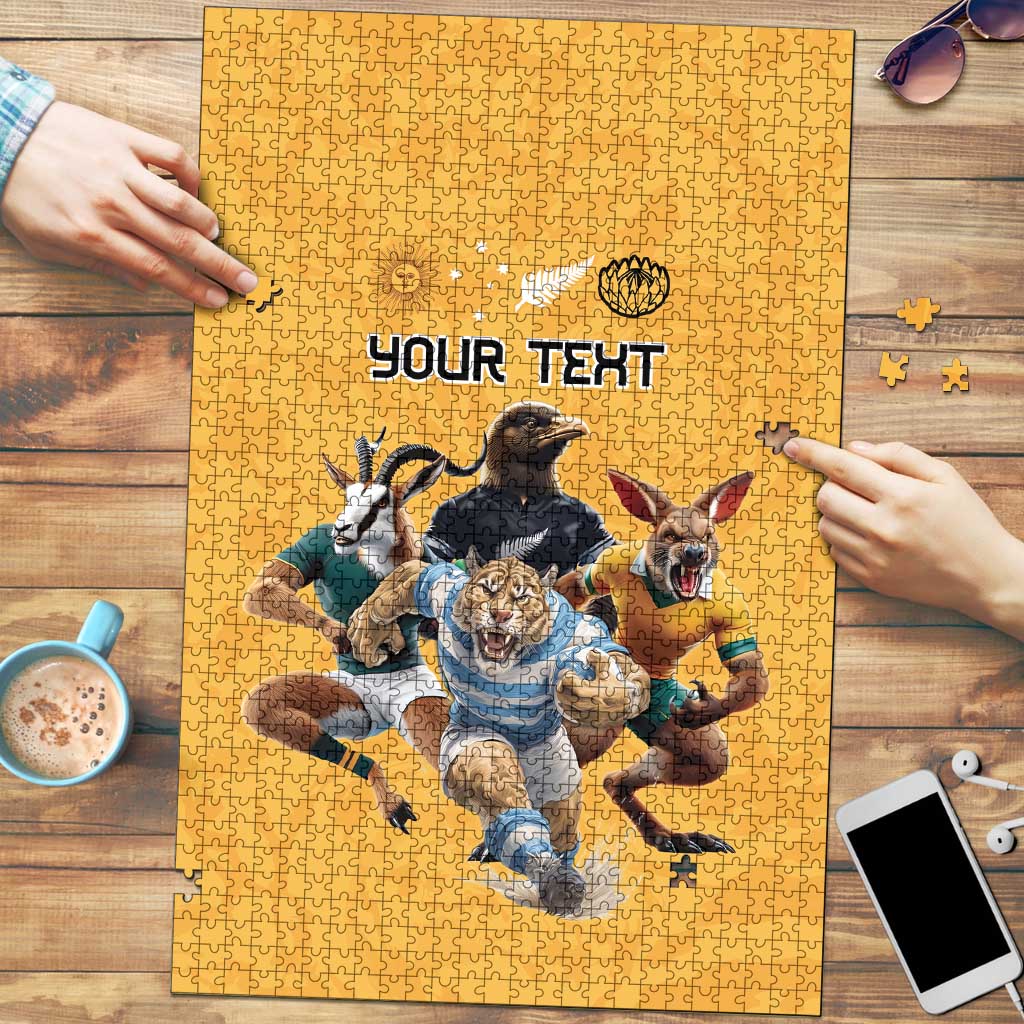 Custom Rugby Southern Hemisphere Puzzle Argentina AUNZ South Africa Mascot Gold - Wonder Print Shop