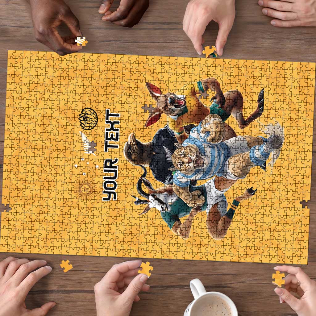 Custom Rugby Southern Hemisphere Puzzle Argentina AUNZ South Africa Mascot Gold - Wonder Print Shop