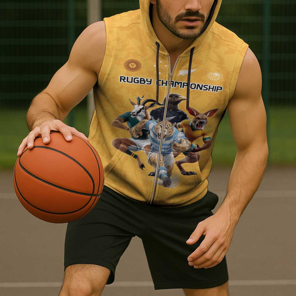 Custom Rugby Southern Hemisphere Sleeveless Zip Hoodie Argentina AUNZ South Africa Mascot Gold - Wonder Print Shop