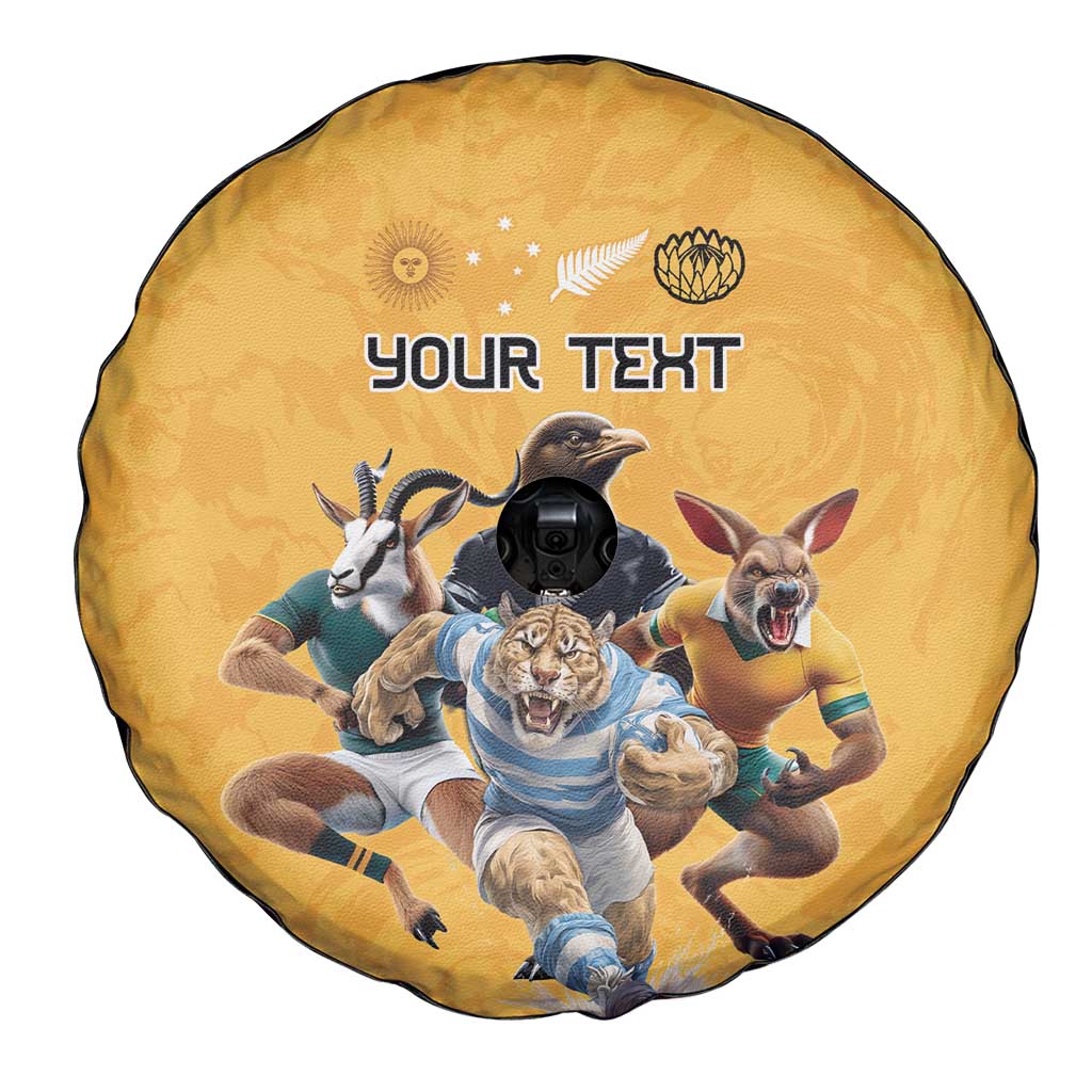 Custom Rugby Southern Hemisphere Spare Tire Cover Argentina AUNZ South Africa Mascot Gold - Wonder Print Shop