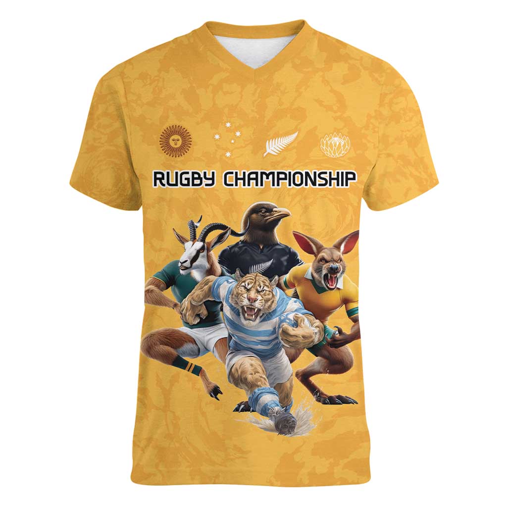 Custom Rugby Southern Hemisphere Women V-Neck T-Shirt Argentina AUNZ South Africa Mascot Gold - Wonder Print Shop