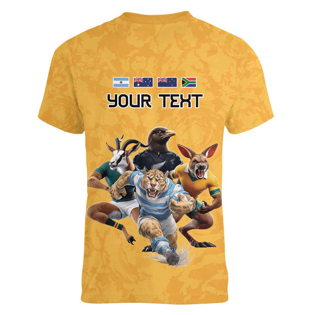 Custom Rugby Southern Hemisphere Women V-Neck T-Shirt Argentina AUNZ South Africa Mascot Gold - Wonder Print Shop