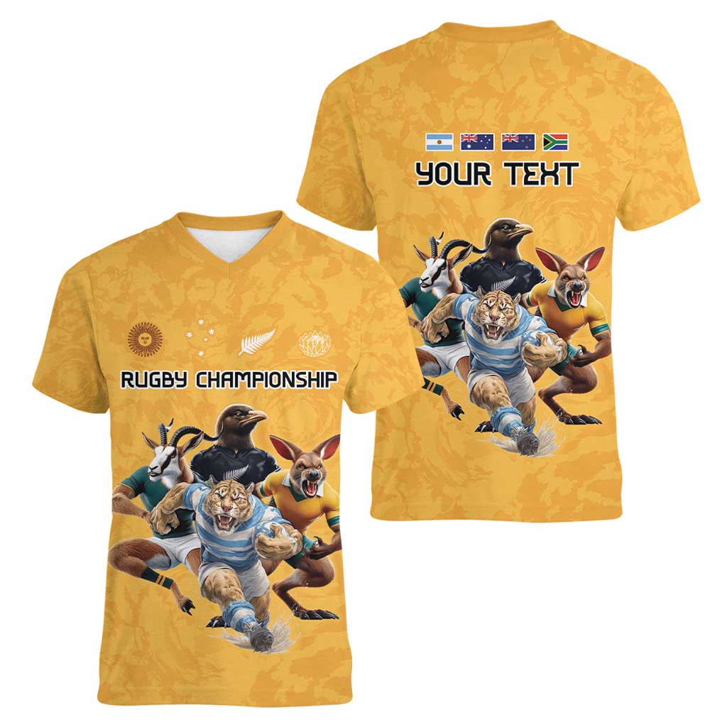 Custom Rugby Southern Hemisphere Women V-Neck T-Shirt Argentina AUNZ South Africa Mascot Gold - Wonder Print Shop