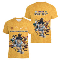 Custom Rugby Southern Hemisphere Women V-Neck T-Shirt Argentina AUNZ South Africa Mascot Gold - Wonder Print Shop