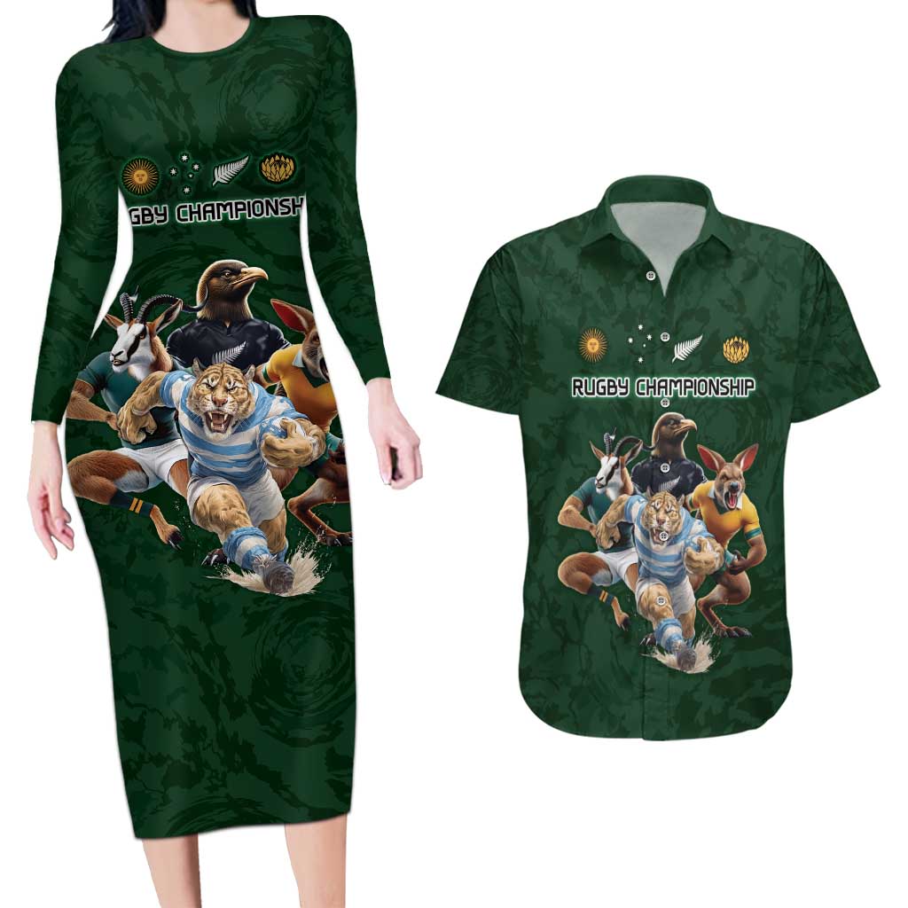 Custom Rugby Southern Hemisphere Couples Matching Long Sleeve Bodycon Dress and Hawaiian Shirt Argentina AUNZ South Africa Mascot Green - Wonder Print Shop