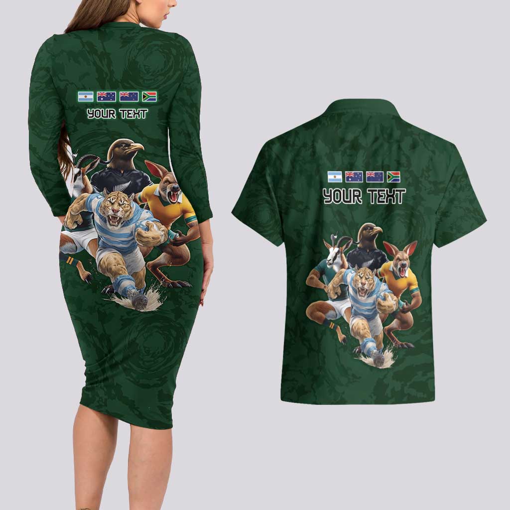 Custom Rugby Southern Hemisphere Couples Matching Long Sleeve Bodycon Dress and Hawaiian Shirt Argentina AUNZ South Africa Mascot Green - Wonder Print Shop