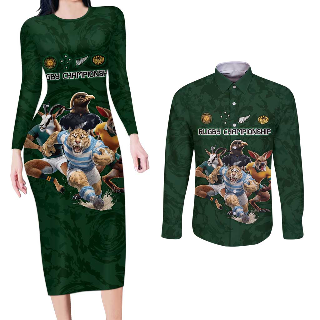 Custom Rugby Southern Hemisphere Couples Matching Long Sleeve Bodycon Dress and Long Sleeve Button Shirt Argentina AUNZ South Africa Mascot Green - Wonder Print Shop