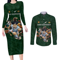 Custom Rugby Southern Hemisphere Couples Matching Long Sleeve Bodycon Dress and Long Sleeve Button Shirt Argentina AUNZ South Africa Mascot Green - Wonder Print Shop