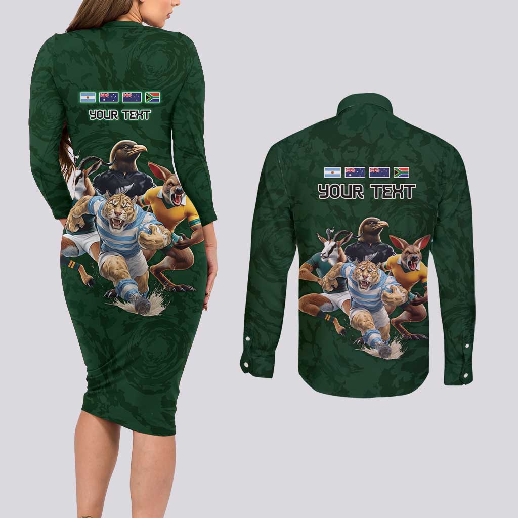 Custom Rugby Southern Hemisphere Couples Matching Long Sleeve Bodycon Dress and Long Sleeve Button Shirt Argentina AUNZ South Africa Mascot Green - Wonder Print Shop