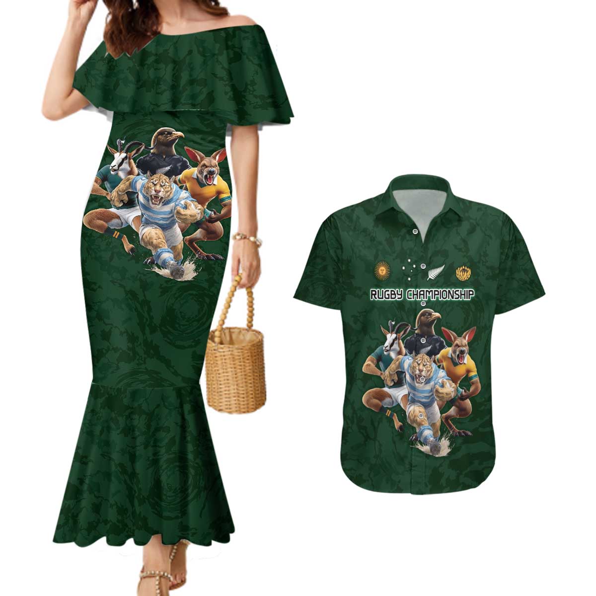 Custom Rugby Southern Hemisphere Couples Matching Mermaid Dress and Hawaiian Shirt Argentina AUNZ South Africa Mascot Green - Wonder Print Shop