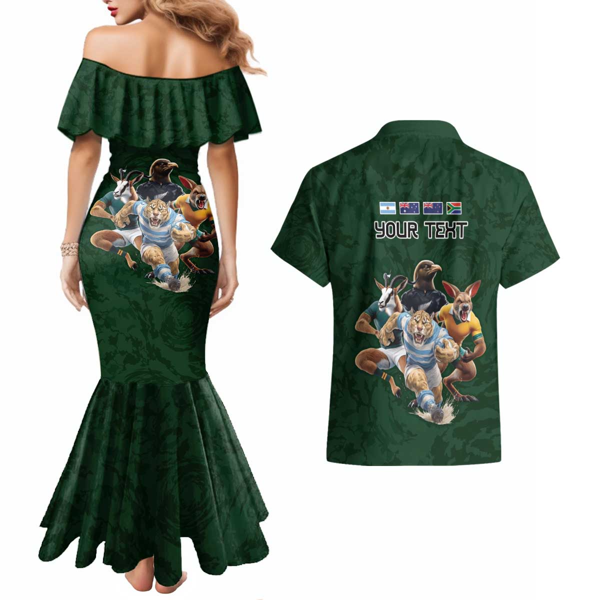 Custom Rugby Southern Hemisphere Couples Matching Mermaid Dress and Hawaiian Shirt Argentina AUNZ South Africa Mascot Green - Wonder Print Shop