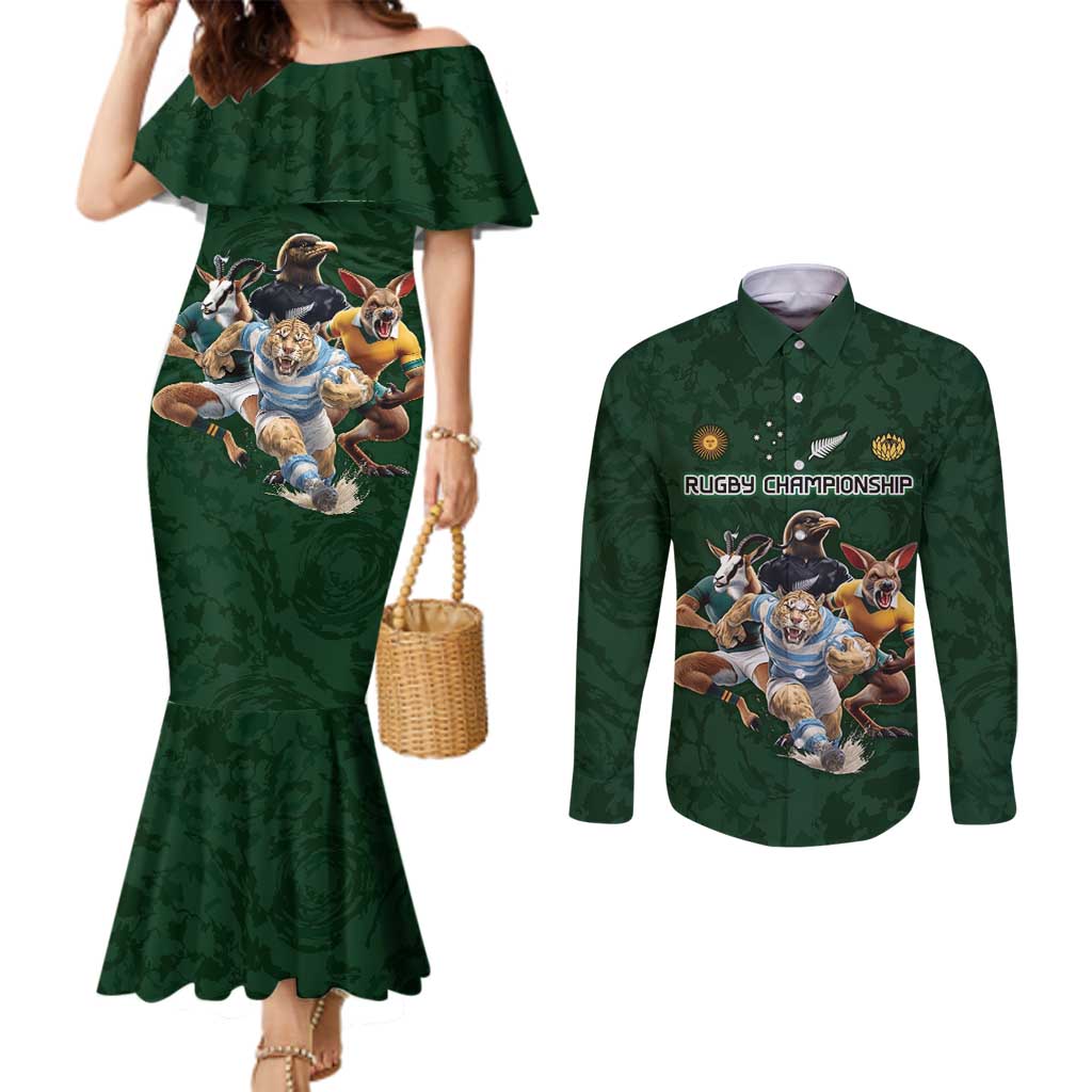 Custom Rugby Southern Hemisphere Couples Matching Mermaid Dress and Long Sleeve Button Shirt Argentina AUNZ South Africa Mascot Green - Wonder Print Shop