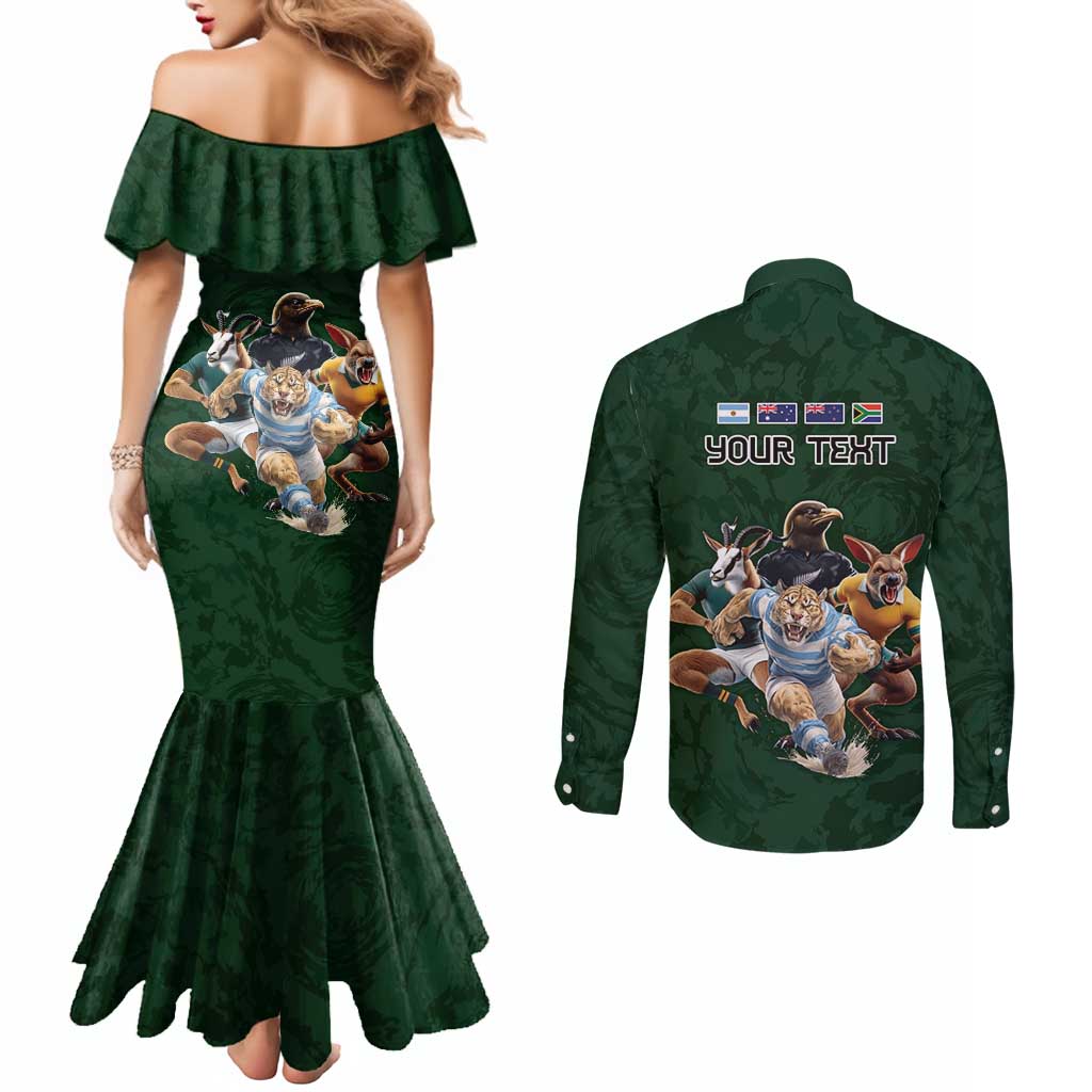 Custom Rugby Southern Hemisphere Couples Matching Mermaid Dress and Long Sleeve Button Shirt Argentina AUNZ South Africa Mascot Green - Wonder Print Shop