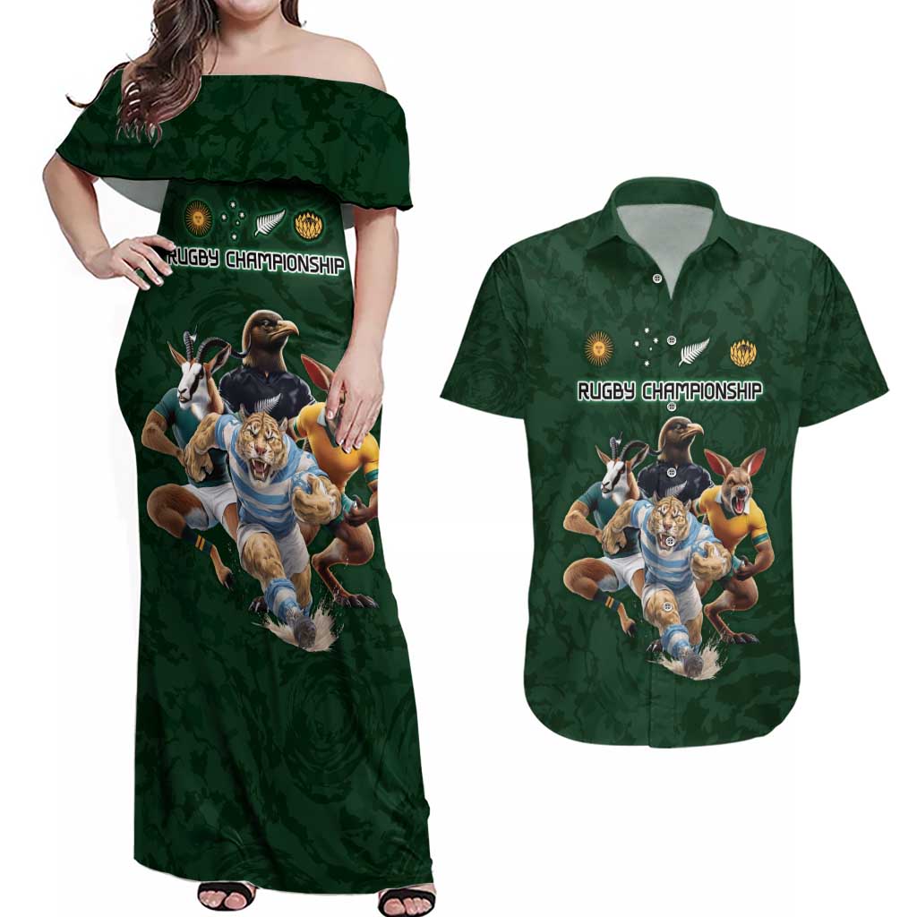 Custom Rugby Southern Hemisphere Couples Matching Off Shoulder Maxi Dress and Hawaiian Shirt Argentina AUNZ South Africa Mascot Green - Wonder Print Shop