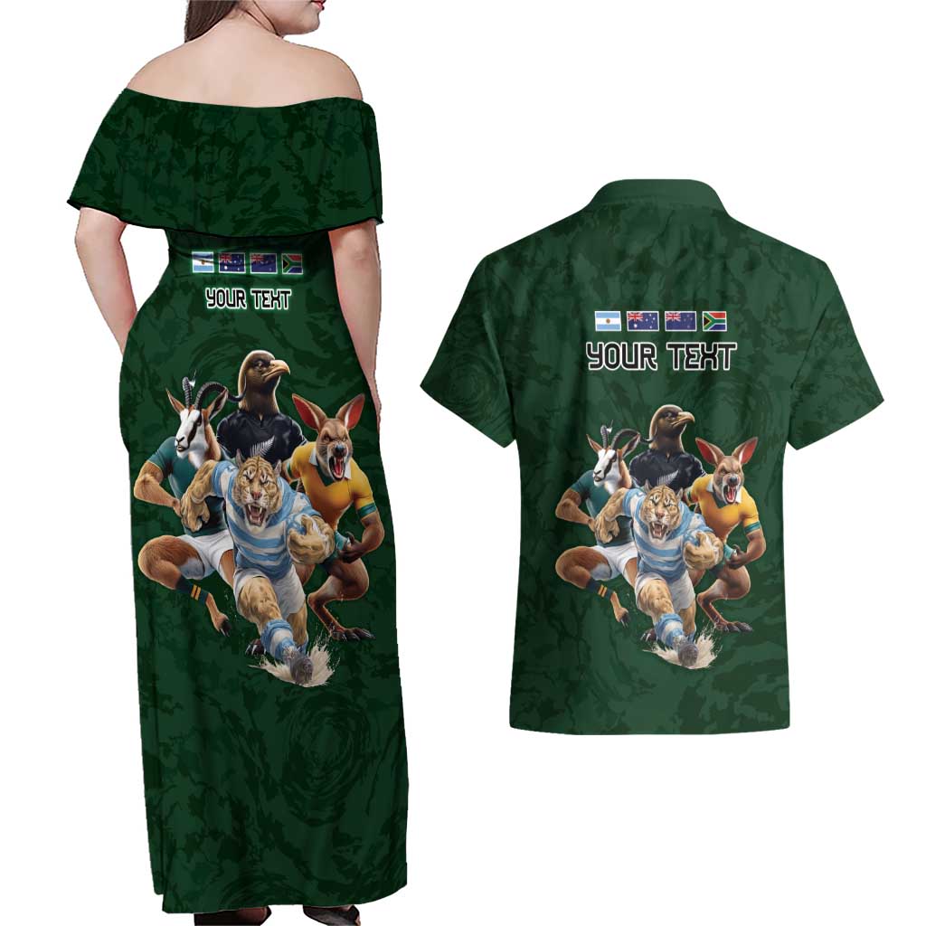 Custom Rugby Southern Hemisphere Couples Matching Off Shoulder Maxi Dress and Hawaiian Shirt Argentina AUNZ South Africa Mascot Green - Wonder Print Shop