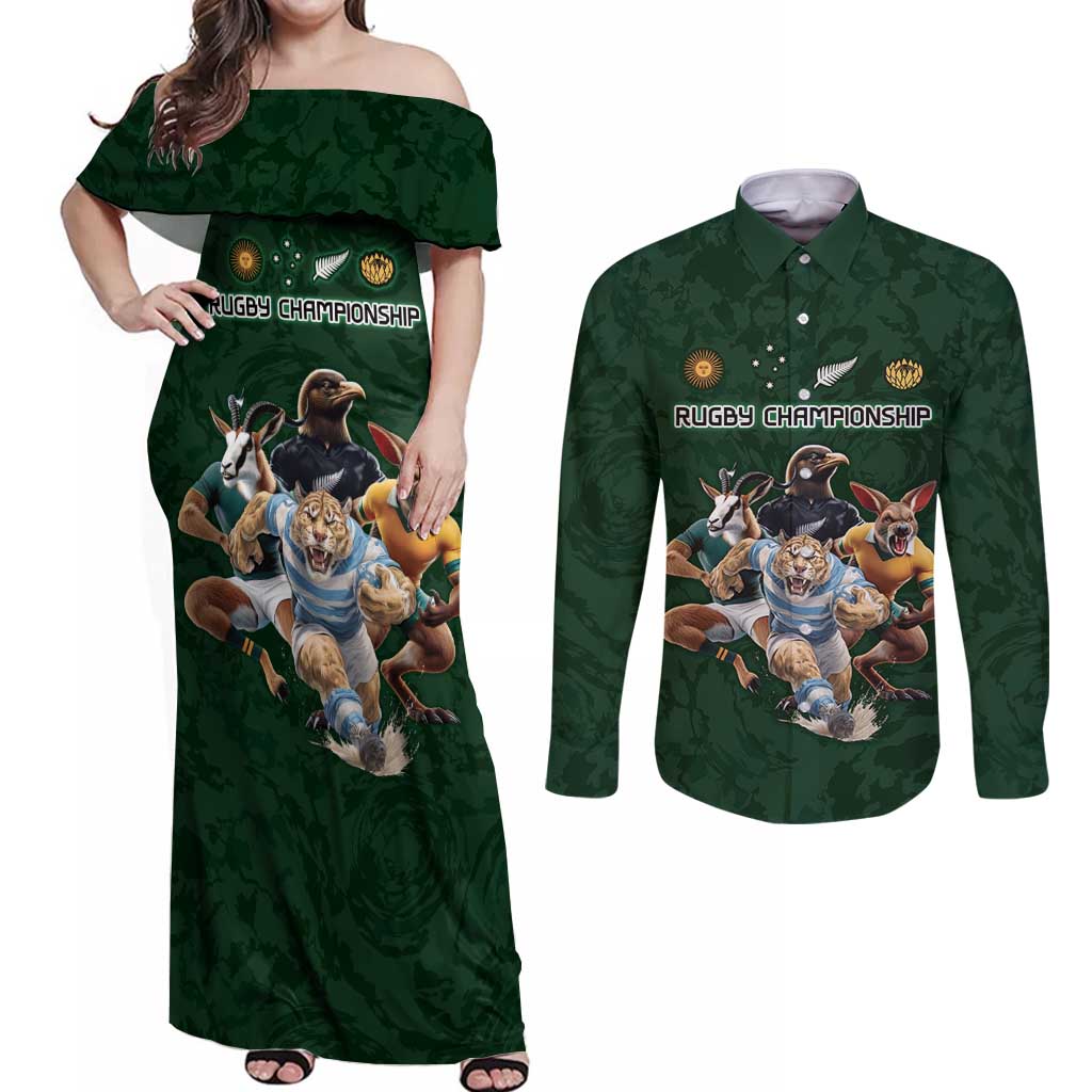 Custom Rugby Southern Hemisphere Couples Matching Off Shoulder Maxi Dress and Long Sleeve Button Shirt Argentina AUNZ South Africa Mascot Green - Wonder Print Shop