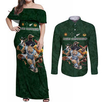 Custom Rugby Southern Hemisphere Couples Matching Off Shoulder Maxi Dress and Long Sleeve Button Shirt Argentina AUNZ South Africa Mascot Green - Wonder Print Shop