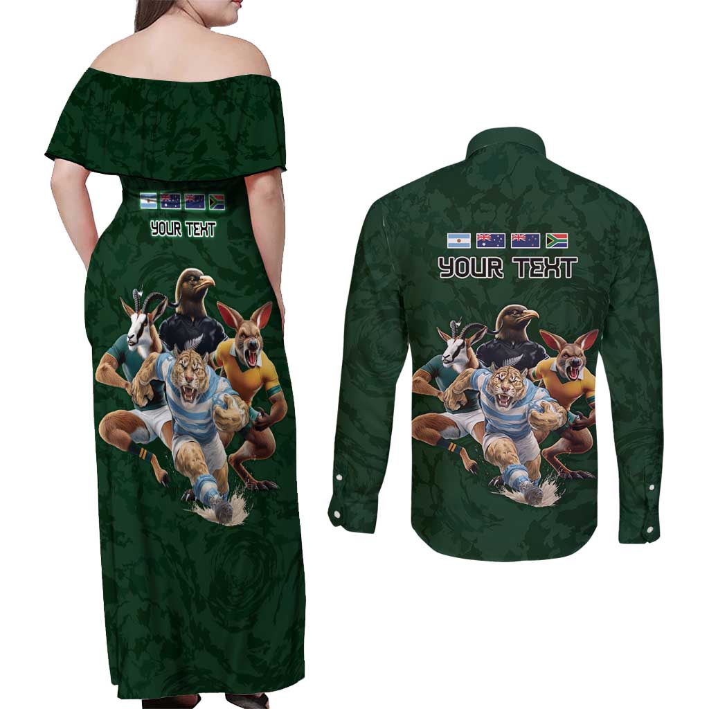 Custom Rugby Southern Hemisphere Couples Matching Off Shoulder Maxi Dress and Long Sleeve Button Shirt Argentina AUNZ South Africa Mascot Green - Wonder Print Shop