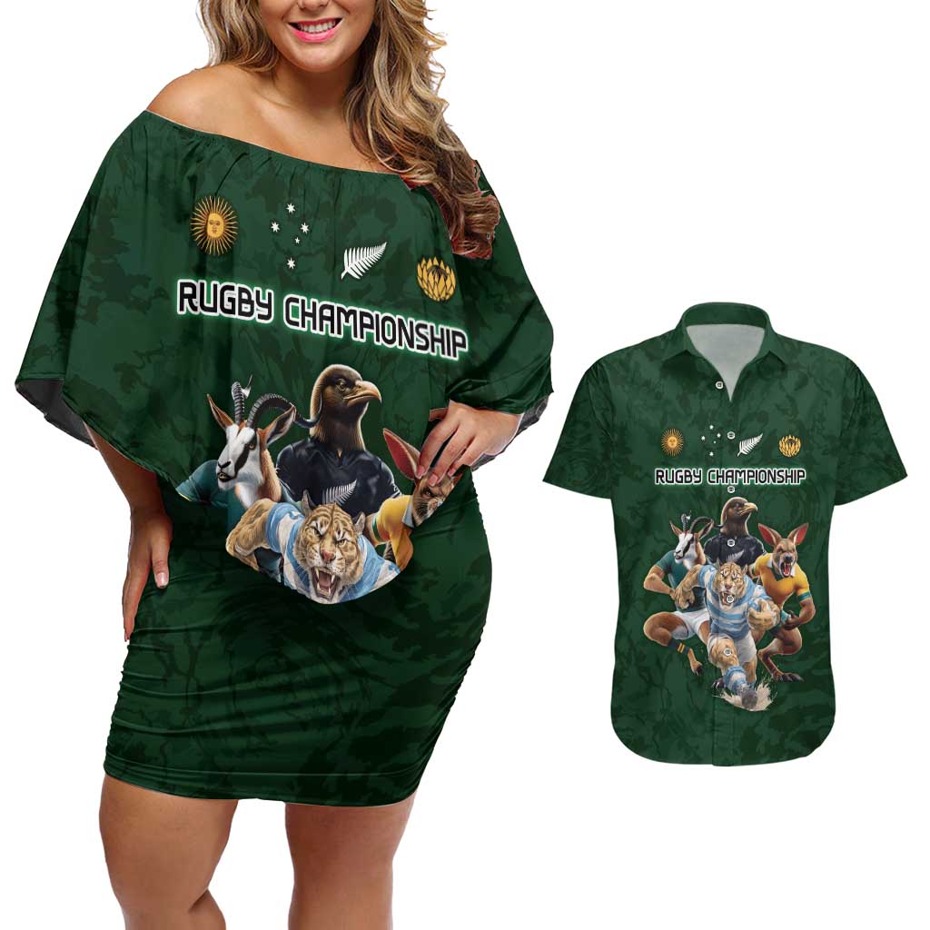 Custom Rugby Southern Hemisphere Couples Matching Off Shoulder Short Dress and Hawaiian Shirt Argentina AUNZ South Africa Mascot Green - Wonder Print Shop