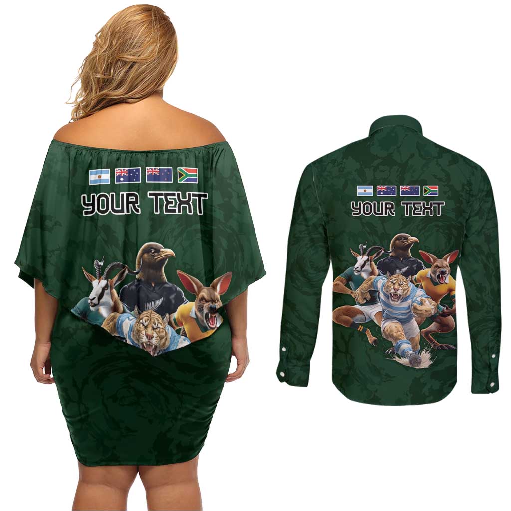 Custom Rugby Southern Hemisphere Couples Matching Off Shoulder Short Dress and Long Sleeve Button Shirt Argentina AUNZ South Africa Mascot Green - Wonder Print Shop