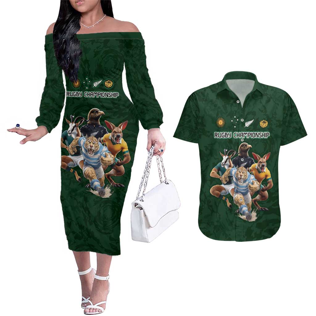 Custom Rugby Southern Hemisphere Couples Matching Off The Shoulder Long Sleeve Dress and Hawaiian Shirt Argentina AUNZ South Africa Mascot Green - Wonder Print Shop
