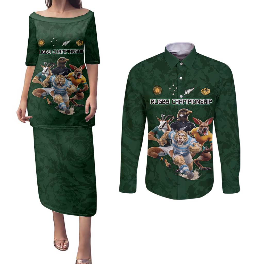 Custom Rugby Southern Hemisphere Couples Matching Puletasi and Long Sleeve Button Shirt Argentina AUNZ South Africa Mascot Green - Wonder Print Shop
