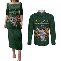Custom Rugby Southern Hemisphere Couples Matching Puletasi and Long Sleeve Button Shirt Argentina AUNZ South Africa Mascot Green - Wonder Print Shop