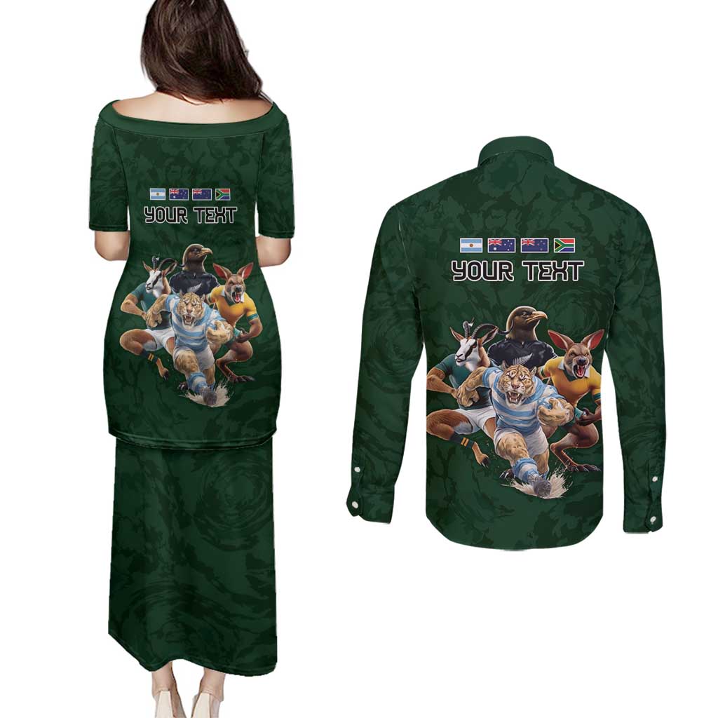 Custom Rugby Southern Hemisphere Couples Matching Puletasi and Long Sleeve Button Shirt Argentina AUNZ South Africa Mascot Green - Wonder Print Shop