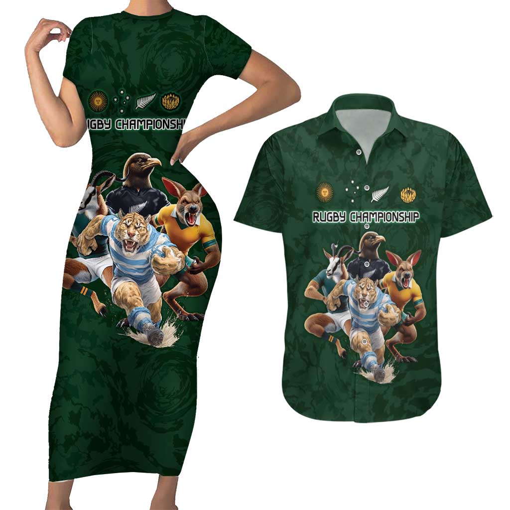 Custom Rugby Southern Hemisphere Couples Matching Short Sleeve Bodycon Dress and Hawaiian Shirt Argentina AUNZ South Africa Mascot Green - Wonder Print Shop