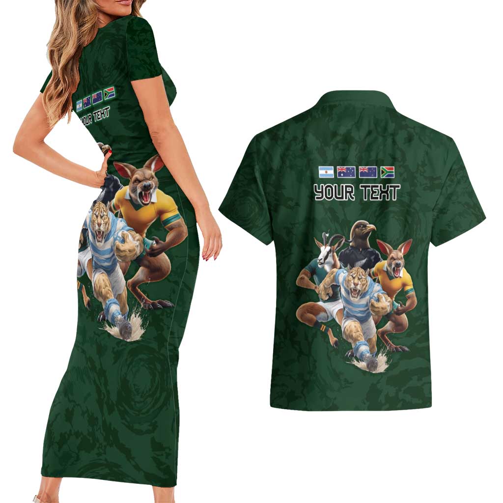 Custom Rugby Southern Hemisphere Couples Matching Short Sleeve Bodycon Dress and Hawaiian Shirt Argentina AUNZ South Africa Mascot Green - Wonder Print Shop