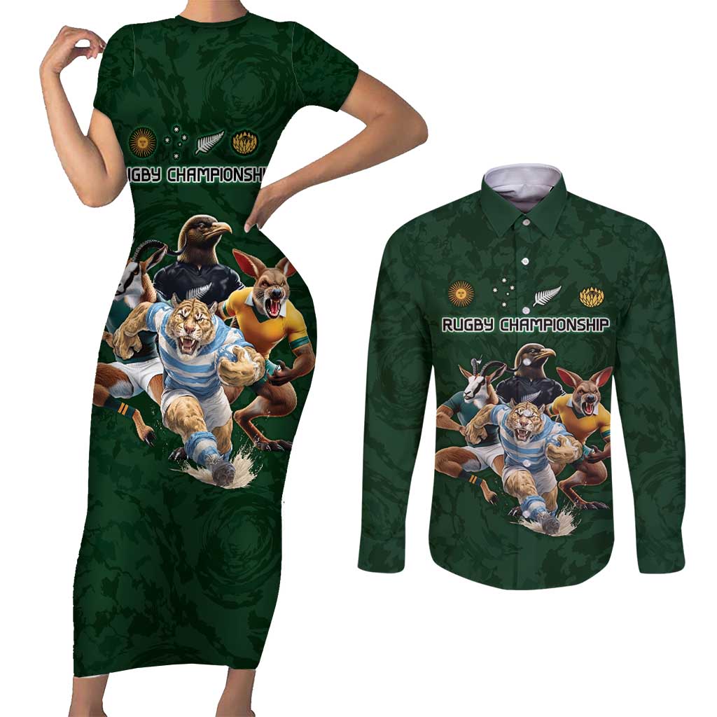 Custom Rugby Southern Hemisphere Couples Matching Short Sleeve Bodycon Dress and Long Sleeve Button Shirt Argentina AUNZ South Africa Mascot Green - Wonder Print Shop