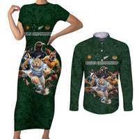 Custom Rugby Southern Hemisphere Couples Matching Short Sleeve Bodycon Dress and Long Sleeve Button Shirt Argentina AUNZ South Africa Mascot Green - Wonder Print Shop