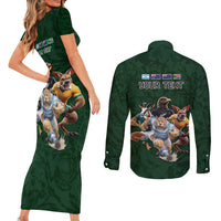 Custom Rugby Southern Hemisphere Couples Matching Short Sleeve Bodycon Dress and Long Sleeve Button Shirt Argentina AUNZ South Africa Mascot Green - Wonder Print Shop