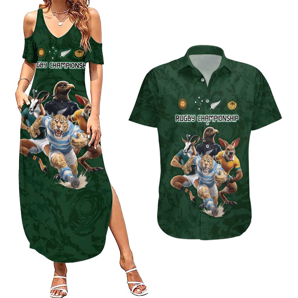 Custom Rugby Southern Hemisphere Couples Matching Summer Maxi Dress and Hawaiian Shirt Argentina AUNZ South Africa Mascot Green - Wonder Print Shop