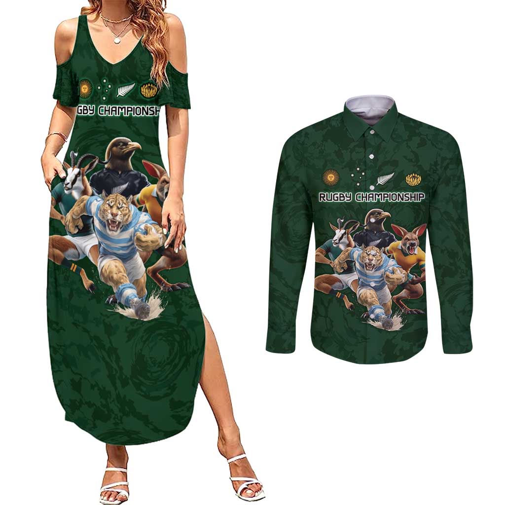 Custom Rugby Southern Hemisphere Couples Matching Summer Maxi Dress and Long Sleeve Button Shirt Argentina AUNZ South Africa Mascot Green - Wonder Print Shop