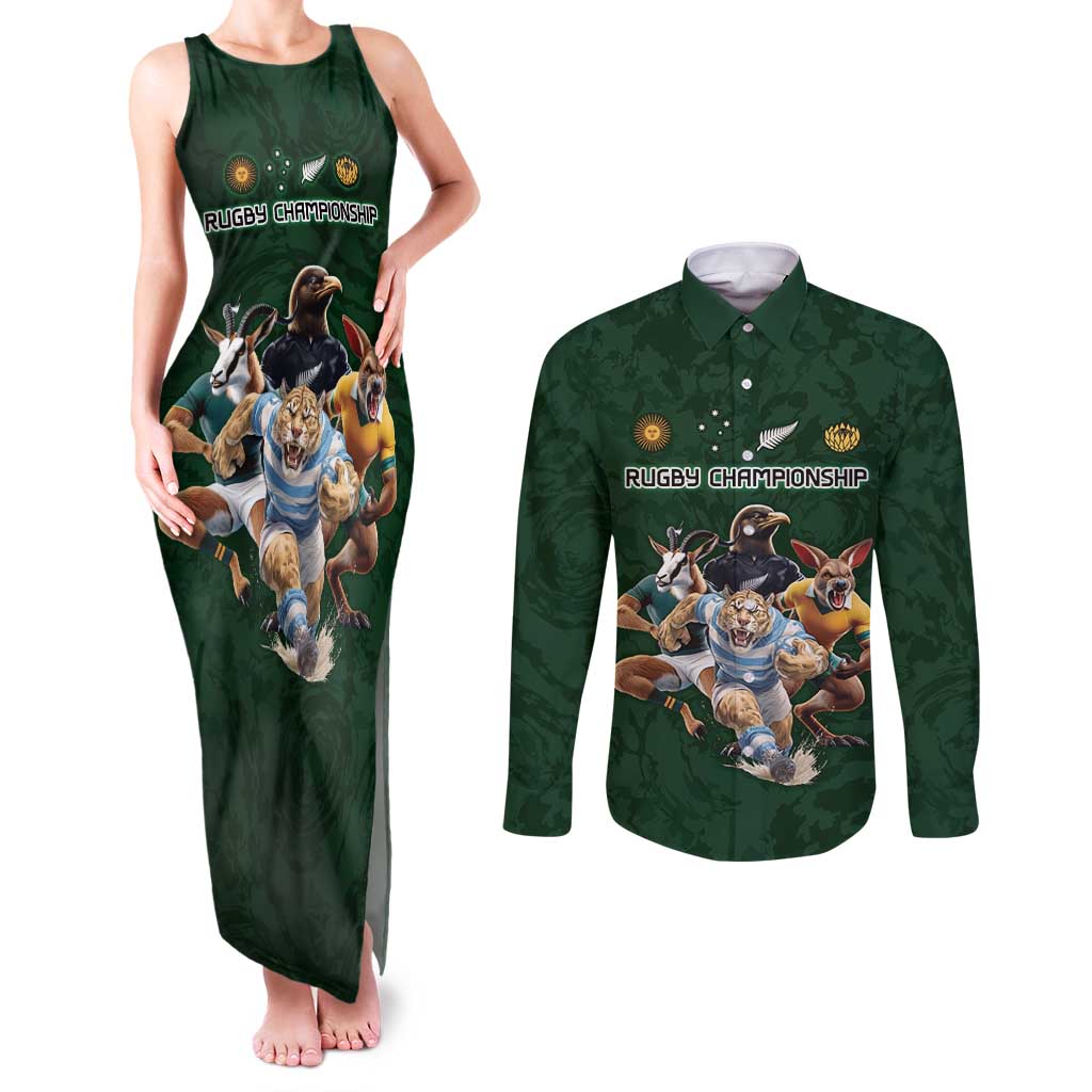 Custom Rugby Southern Hemisphere Couples Matching Tank Maxi Dress and Long Sleeve Button Shirt Argentina AUNZ South Africa Mascot Green - Wonder Print Shop
