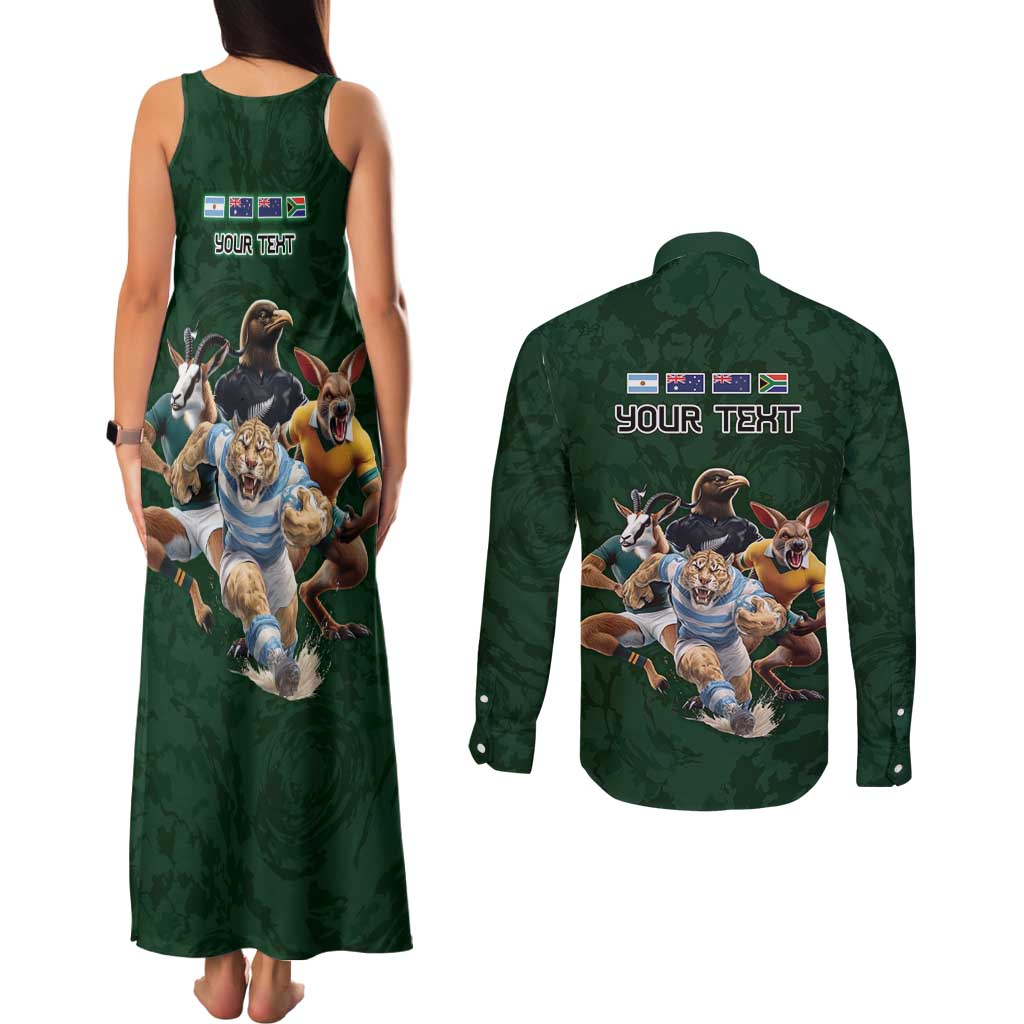 Custom Rugby Southern Hemisphere Couples Matching Tank Maxi Dress and Long Sleeve Button Shirt Argentina AUNZ South Africa Mascot Green - Wonder Print Shop