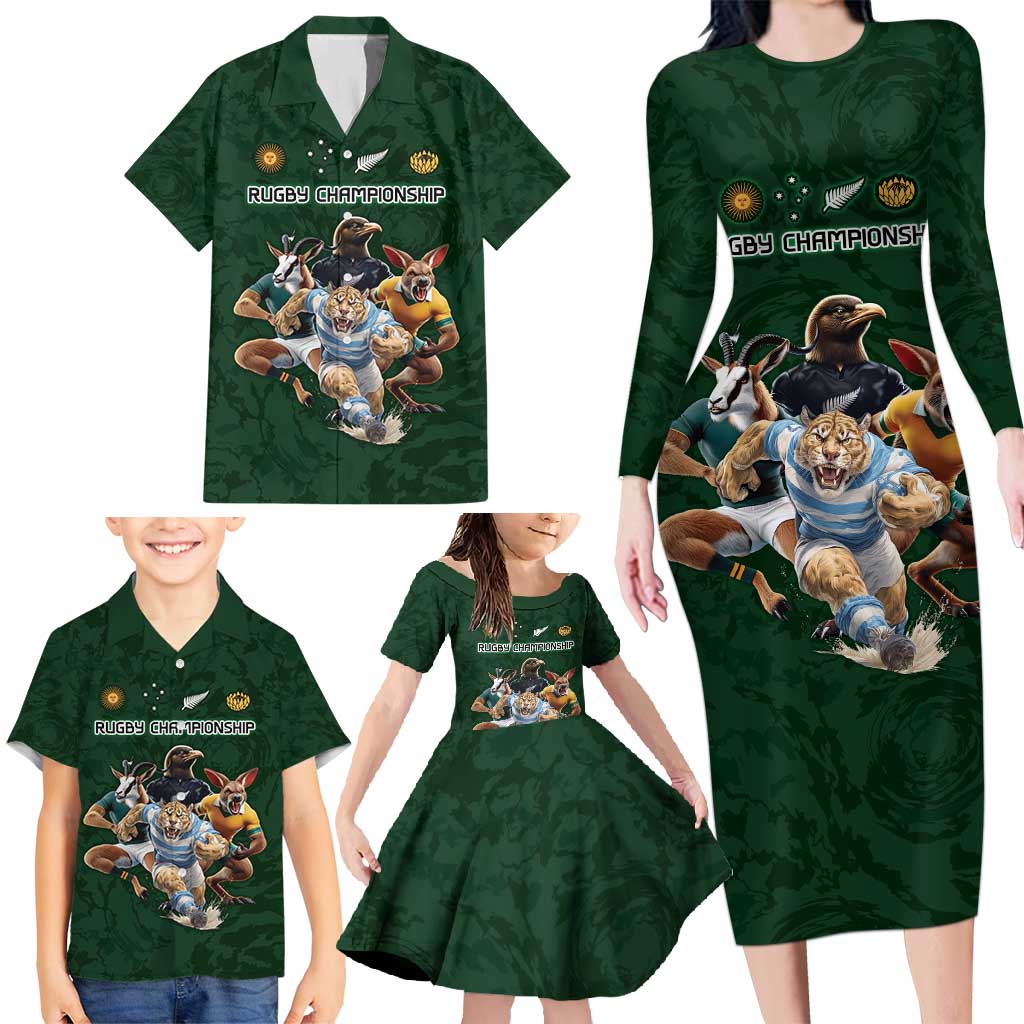 Custom Rugby Southern Hemisphere Family Matching Long Sleeve Bodycon Dress and Hawaiian Shirt Argentina AUNZ South Africa Mascot Green - Wonder Print Shop